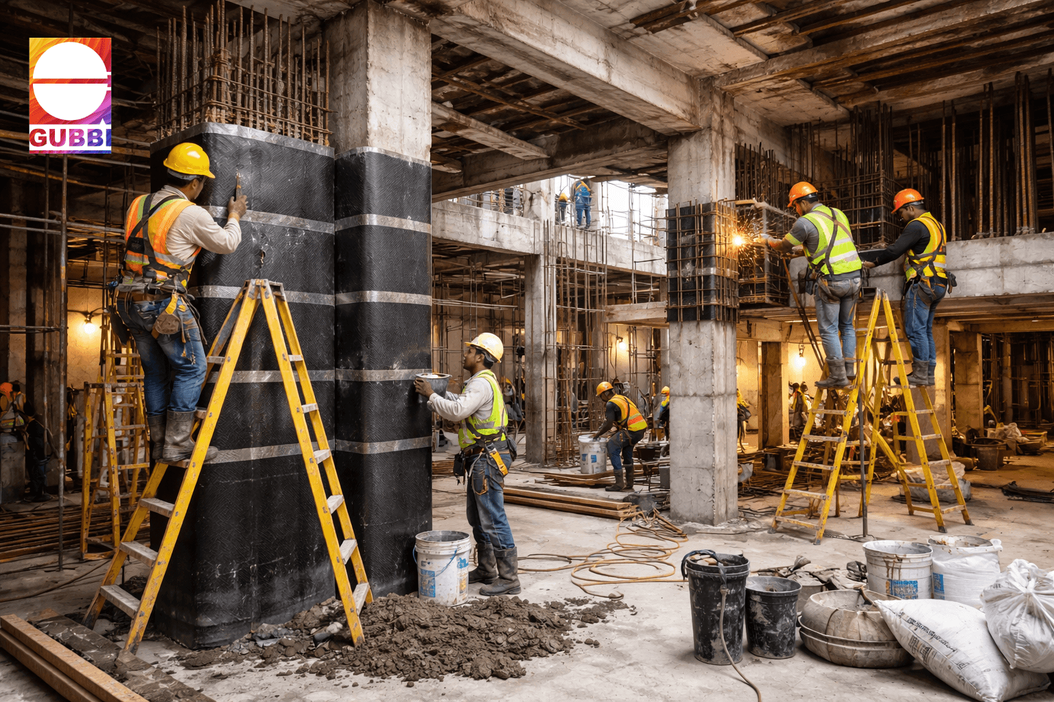 Retrofitting in Construction showing column strengthening using carbon fiber wrapping and jacketing techniques in India