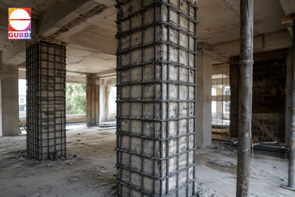 Column jacketing servicres of RCC structural column for strengthening damaged building and improving load capacity.