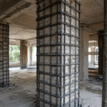 Column jacketing servicres of RCC structural column for strengthening damaged building and improving load capacity.
