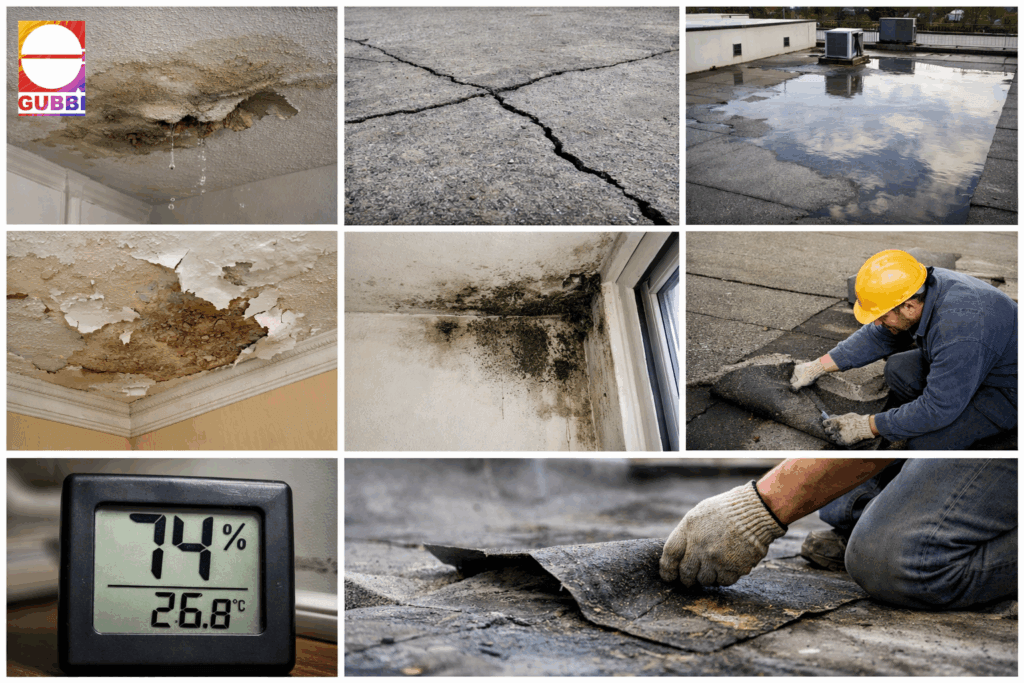 Roof waterproofing signs showing water leakage, cracks, ponding water, mold growth and ceiling damage indicating urgent waterproofing need.