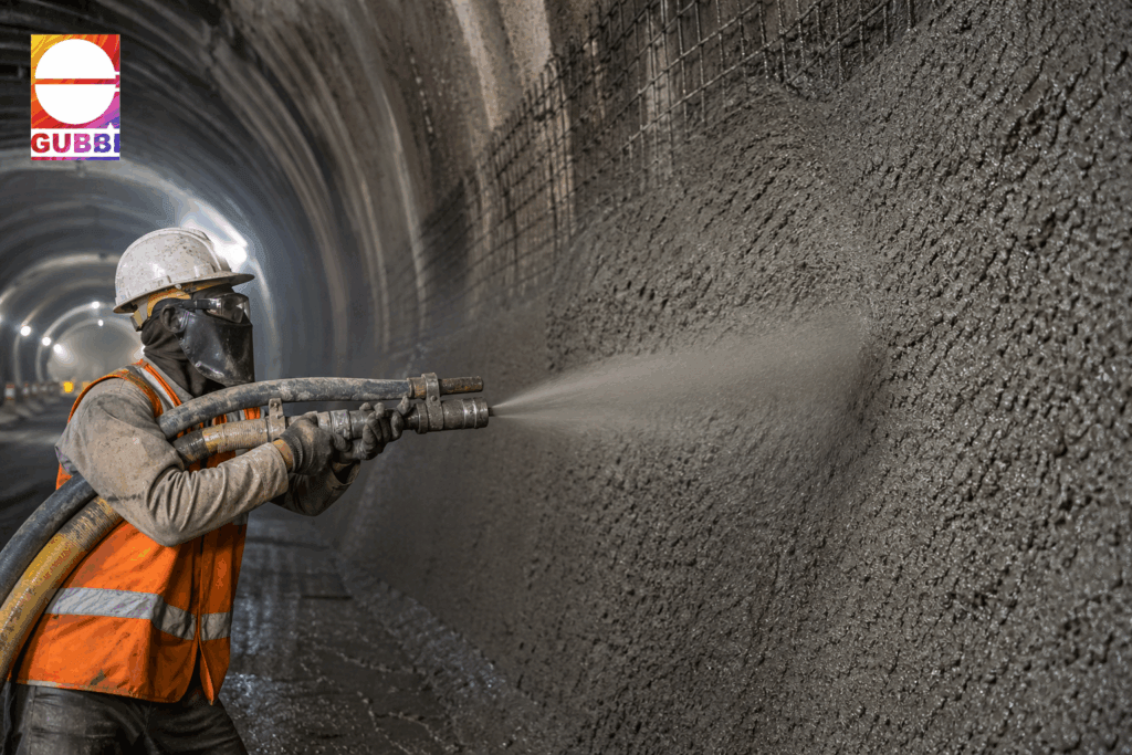 Worker applying shotcrete on concrete wall showing wet mix vs dry mix shotcrete method for structural repair and tunnel construction