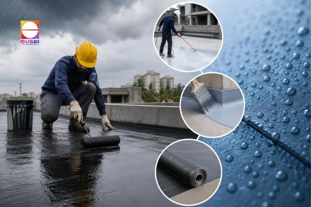 5 best waterproofing solutions for Indian climate including roof waterproofing, terrace waterproofing, leakage repair, PU coating, cementitious waterproofing, and crack sealing methods.