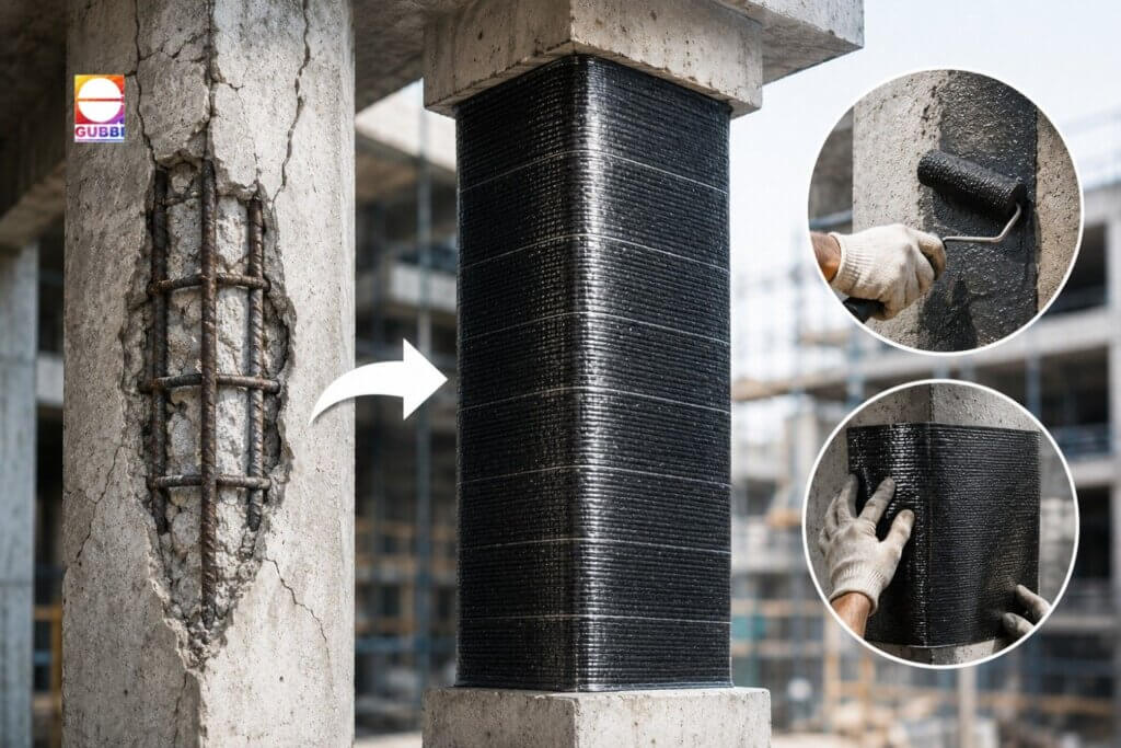 Carbon Fiber Wrapping applied on RCC column for structural strengthening and damaged concrete column repair in construction.