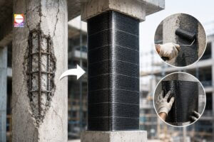 Carbon Fiber Wrapping applied on RCC column for structural strengthening and damaged concrete column repair in construction.