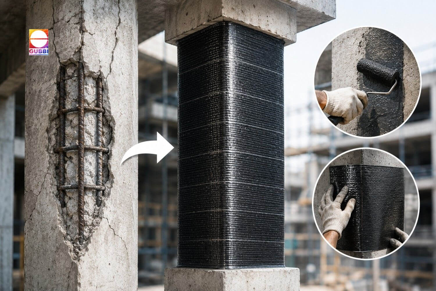 Carbon Fiber Wrapping applied on RCC column for structural strengthening and damaged concrete column repair in construction.