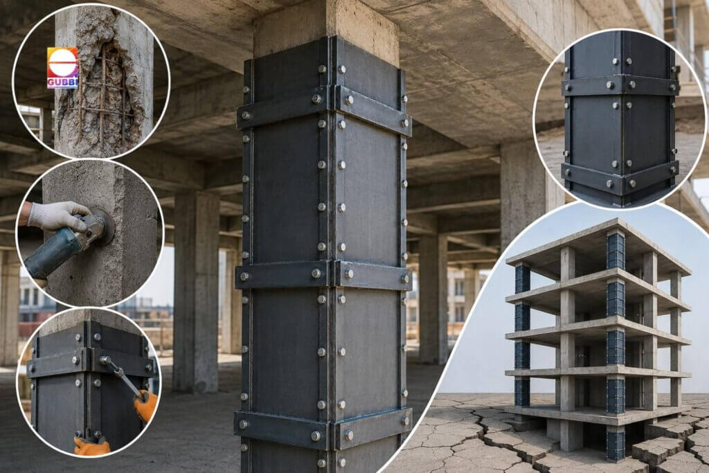 Steel jacketing retrofitting applied to RCC column for seismic strengthening, earthquake resistance, and structural repair of a damaged building.