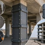 Steel jacketing retrofitting applied to RCC column for seismic strengthening, earthquake resistance, and structural repair of a damaged building.