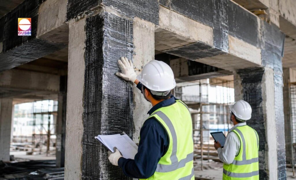 Carbon Fiber Reinforced Polymer (CFRP) wrapping installed on reinforced concrete columns and beams during a structural strengthening project.