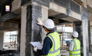 Carbon Fiber Reinforced Polymer (CFRP) wrapping installed on reinforced concrete columns and beams during a structural strengthening project.