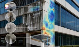 Commercial building affected by waterproofing failure, showing water ingress, dampness, efflorescence, facade deterioration, and moisture assessment indicators.