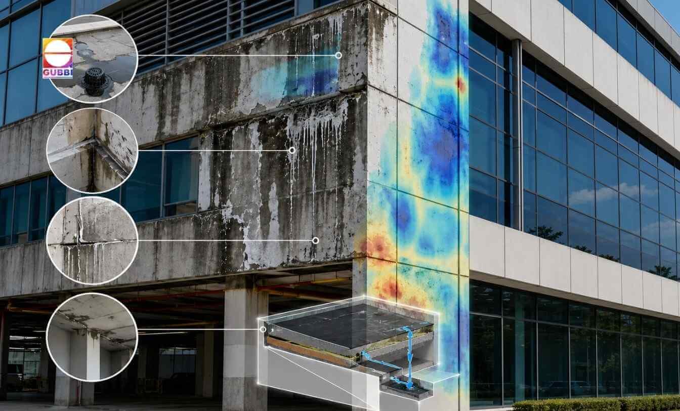 Commercial building affected by waterproofing failure, showing water ingress, dampness, efflorescence, facade deterioration, and moisture assessment indicators.