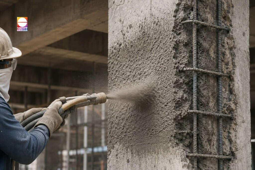 Technical guniting process strengthening weak RCC concrete structure through sprayed mortar rehabilitation.