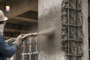 Technical guniting process strengthening weak RCC concrete structure through sprayed mortar rehabilitation.