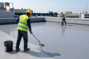 Terrace waterproofing contractors applying roof waterproofing coating to prevent water damage on industrial building terrace.