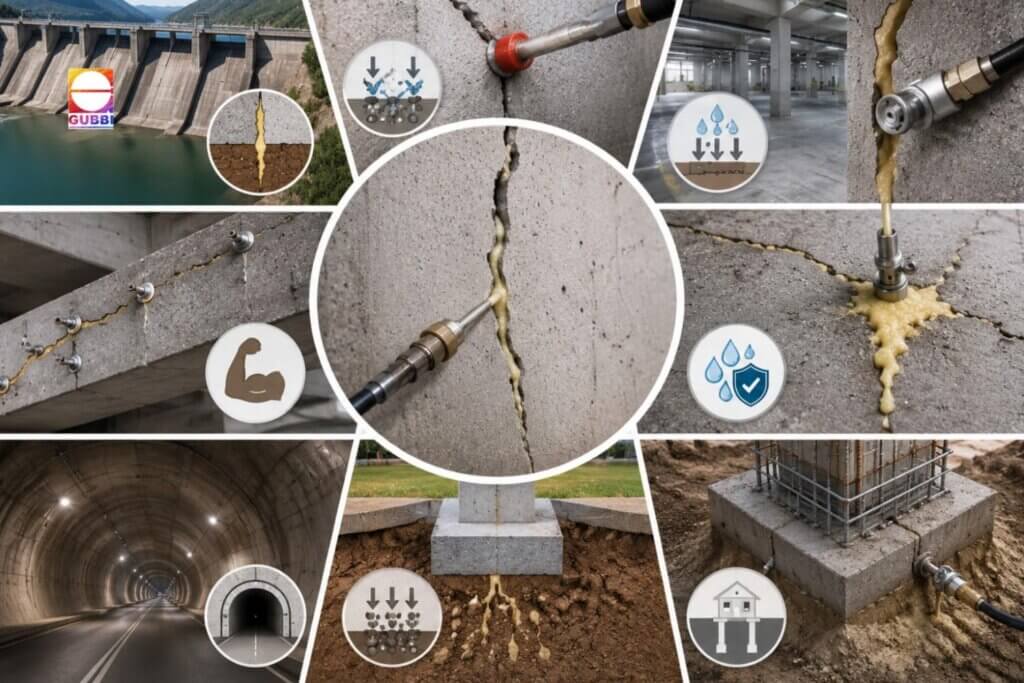 Injection grouting methods for structural rehabilitation repairing concrete cracks, foundations, and RCC structures