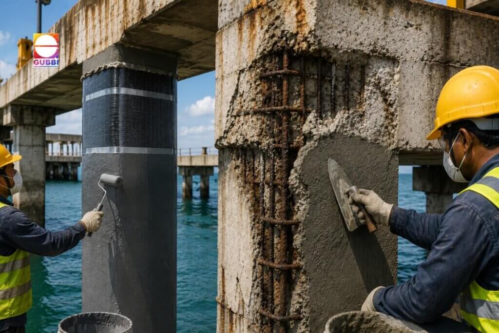 Jetty rehabilitation work with protective coating applied on damaged marine concrete structure affected by corrosion and chloride attack.