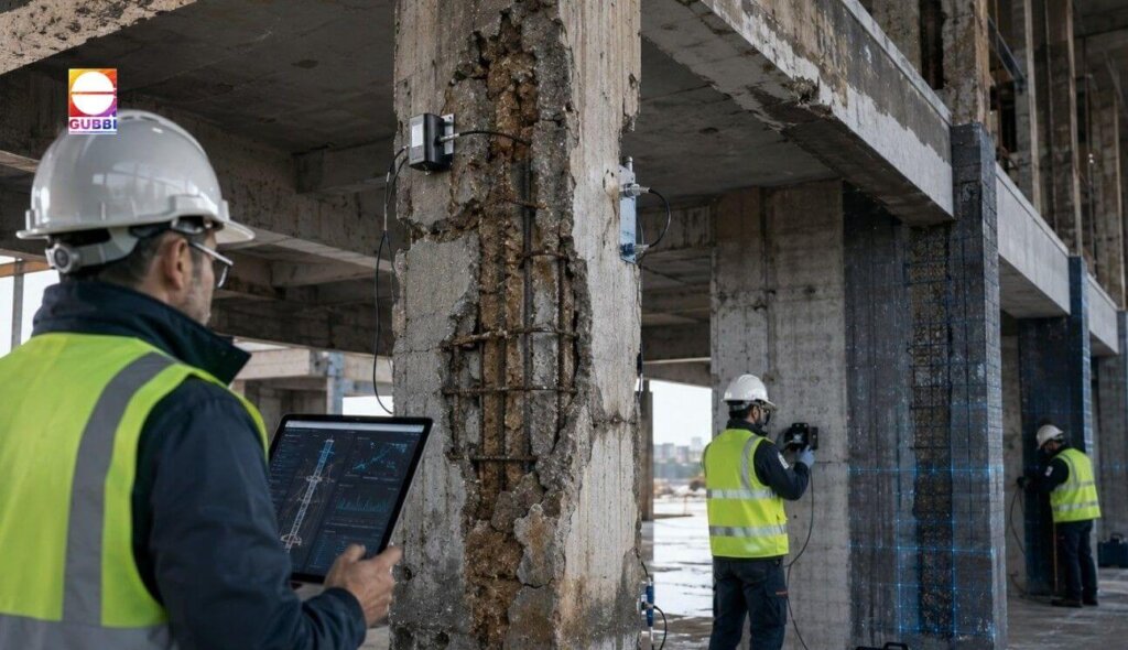 Residual Service Life Assessment of an existing concrete structure before structural strengthening, showing engineering condition evaluation and rehabilitation planning.