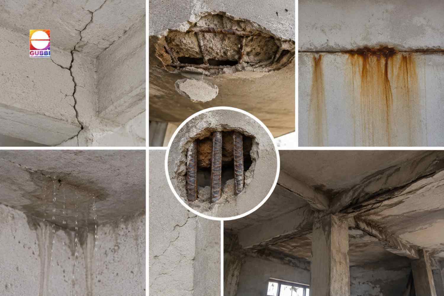 Structural warning signs that indicate a building may need guniting services, including cracks, concrete spalling, exposed reinforcement steel, rust stains, and water leakage in RCC structures.