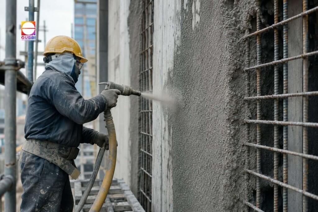 Professional guniting services for structural strengthening showing RCC repair, damaged concrete restoration, and concrete spraying work for stronger building structures.