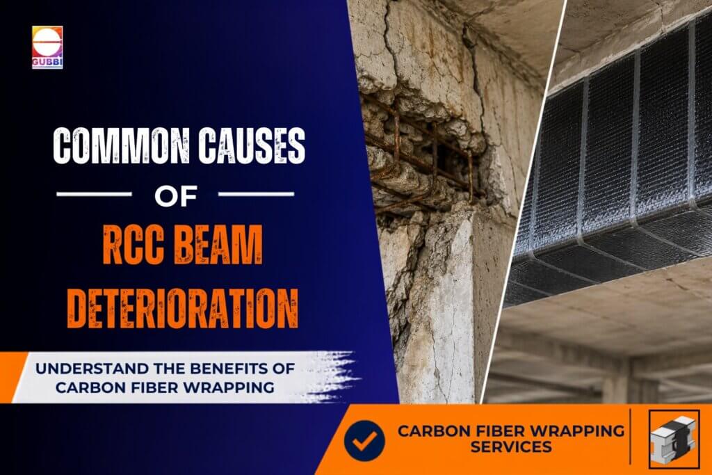 RCC beam deterioration showing cracked concrete and exposed reinforcement before carbon fiber wrapping structural strengthening.