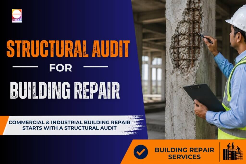 Structural engineers conducting a structural audit of a commercial building before repair to assess RCC deterioration, cracks, corrosion, and structural safety.