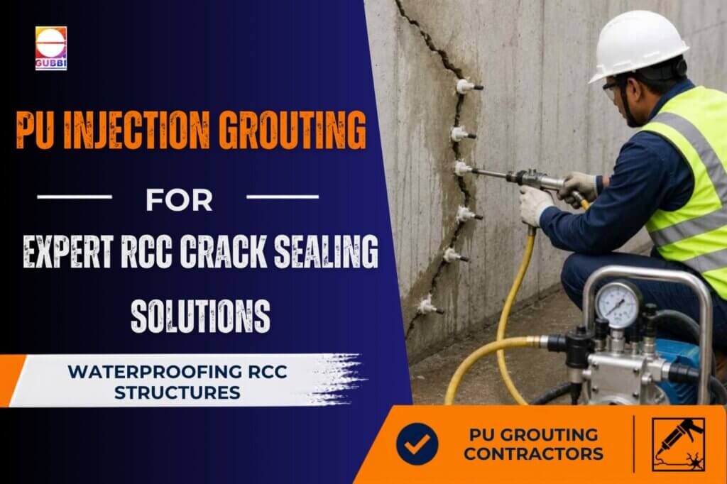 Professional PU grouting contractors sealing cracks in RCC structures using polyurethane injection grouting to stop water leakage and improve structural durability.
