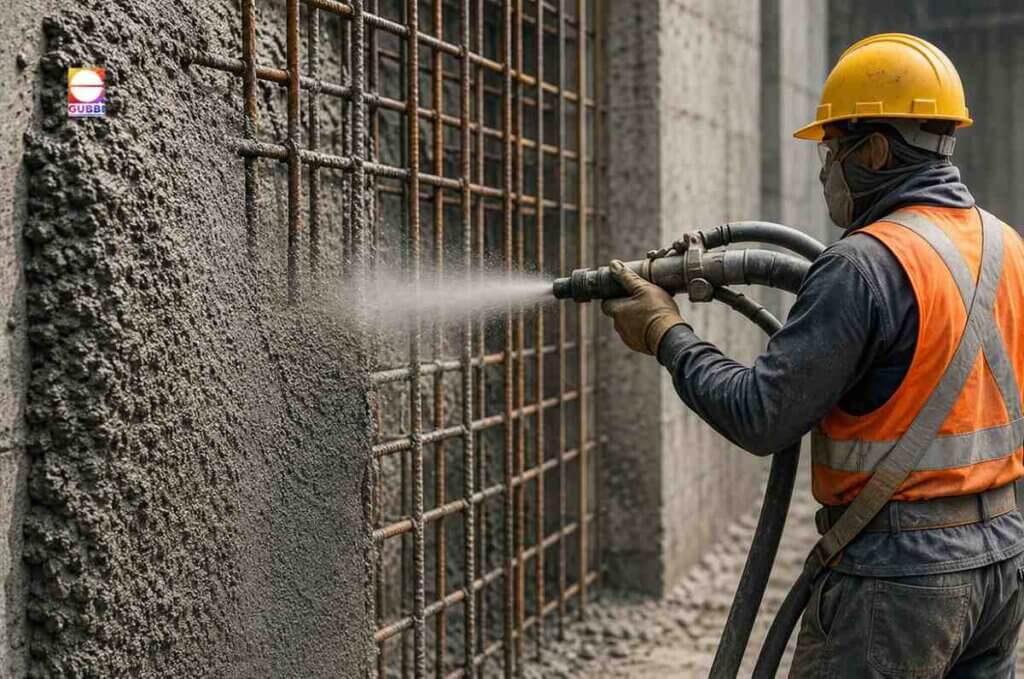 Shotcreting Contractors applying shotcrete to repair a reinforced concrete (RCC) structure during structural rehabilitation work.