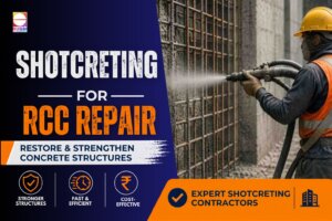 Shotcreting Contractors applying shotcrete to repair a reinforced concrete (RCC) structure.