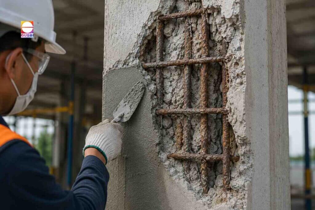 Structural Repair Contractors repairing a corrosion-damaged reinforced concrete column using advanced Structural Repair Services to restore structural integrity.