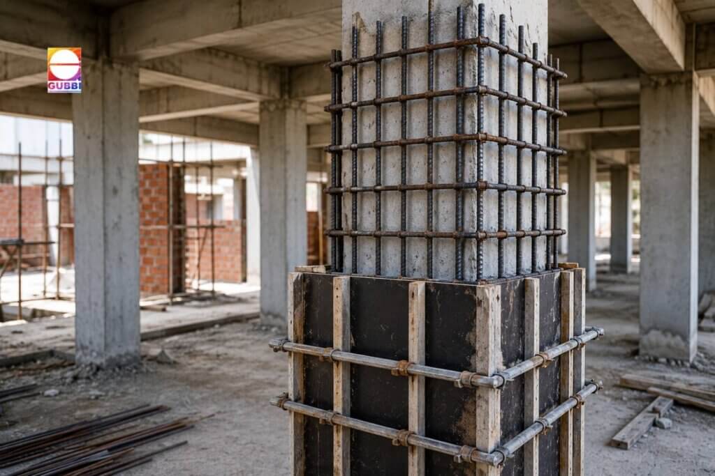 RCC column undergoing column jacketing as part of professional structural strengthening services to enhance load-carrying capacity and extend the service life of an existing reinforced concrete building.