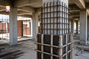 RCC column undergoing column jacketing as part of professional structural strengthening services to enhance load-carrying capacity and extend the service life of an existing reinforced concrete building.