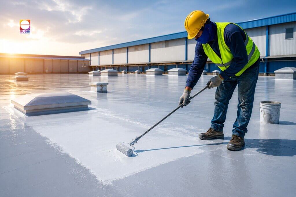 Warehouse Roof Waterproofing in progress on an industrial building, with engineers applying a waterproof coating to prevent leaks and extend roof service life.