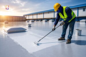 Warehouse Roof Waterproofing in progress on an industrial building, with engineers applying a waterproof coating to prevent leaks and extend roof service life.